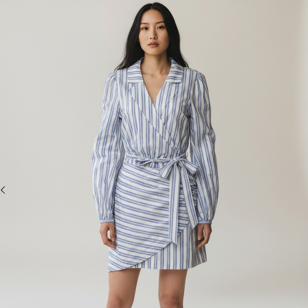 MAJORELLE Striped Wrap Blazer Dress Blue White Long Sleeve Tie Waist $210 Retail
